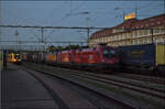 Ade Dieselloch - Nach 113 Jahren...

612 125 brachte mich nach Singen und macht sich hier bereit f�r seine allerletzte Fahrt nach Basel. Daneben stehen drei Loks f�r die Nachtz�ge aus Z�rich bereit. �BB 1016 025, �BB 1116 164 und der ELL-NS Vectron ...
