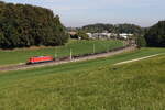 185 285 mit einem 'Stahlzug' aus Freilassing kommend am 29. September 2026 bei Axdorf im Chiemgau.
