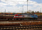 Ein Blick aus dem Zug auf den Rangierbahnhof Maschen (Maschen Rbf) am 23 April 2026, hier steht die 185 350-6 mit Werbung „Grenzenlos f�r Sie im Einsatz“ (91 80 6185 350-6 D-RHC), ex DB Cargo 185 350-6, der RheinCargo GmbH & Co. KG, mit e ...