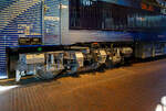 Detailbild von dem Drehgestell 1 der Dieselelektrische Versuchslokomotive 202 003-0 „UmAn“ mit neuem Hochgeschwindigkeits-Antrieb und mit Stromlinienkopf, die vierachsige Henschel-BBC DE