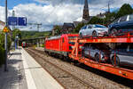 Die 187 146 (91 80 6187 146-6 D-DB) der DB Cargo AG f�hrt am 09 Juni 2026 mit einem Autotransportzug (vierachsiger Doppelstock-Autotransportwagen der Gattung Laaerrs der DB Cargo Logistics GmbH, ex DB Schenker ATG) durch Kirchen/Sieg in Richtung Sieg ...