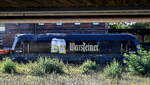 Belegbild: Westf�lische Landes-Eisenbahn GmbH, Lippstadt (WLE) mit ihrer optisch v�llig umgestalteten Lok  22  (NVR:  92 80 1223 056-3 D-WLE ) bei Gleisbauarbeiten H�he Bahnhof Rathenau mit einem