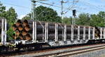 Drehgestell-Flachwagen mit Doppelrungen u. Niederbindeeinrichtung der ZSSK Cargo mit der Nr. 31 RIV 56 SK- ZSSKC 4723 153-1 Snps 66 in einem G�terzug mit verschiedenen Stahlrohren am 18.06.26 H�he Leipzig-Thekla.