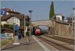 Eine SBB Re 460 (und nicht zu sehen eine weitere an der Spitze) bef�rdern ihreren IR 95 ohne Halt durch den Bahnhof von Rivaz in Richtung Lausanne.