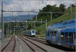 In La Plaine begegnen sich der TER nach Gen�ve (im Hintergrund) und der nach Lyon fahrende TER, welcher die durch eine Baustelle eispurige Strecke in Richtung Satigny dem entgegenkommenden Zug frei